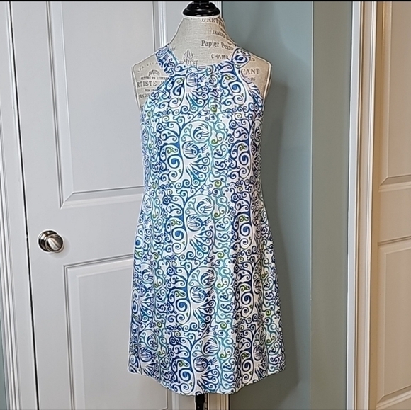 Skirtin Around Blue, White & Green Printed Silk Sleeveless Dress - Size 8 - Picture 2 of 9